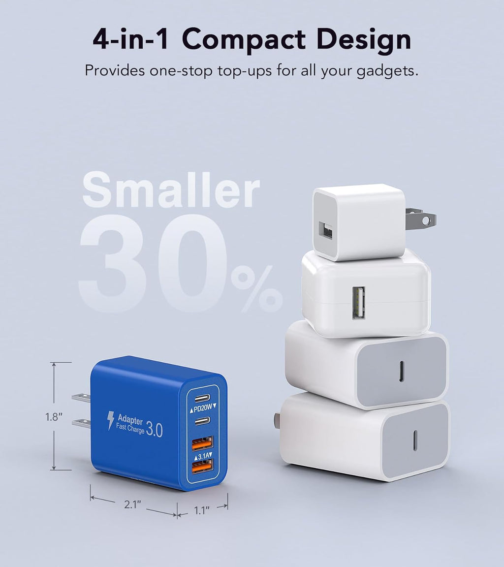 40W USB C Super Fast Charger Cube, 2 Pack PD + QC Charging Block Power Adapter 4 Port Wall Mount Plug for iPhone 16 15 14 13 12, Motorola, LG, Google Pixel 6a/6 Pro/6/5a/5/4/4A Box Brick (Dark Blue)