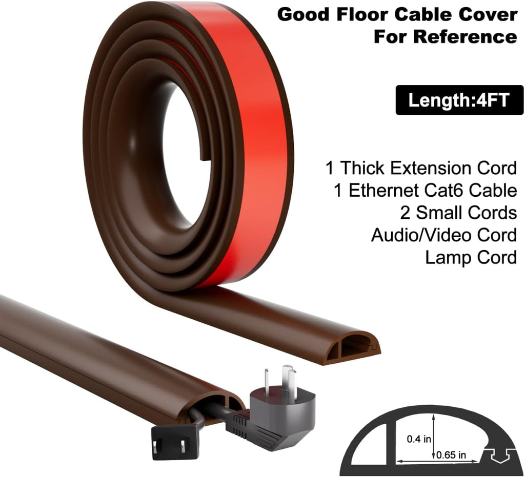 4FT Side-Open Extension Cord Covers for Wires on Floor,Silicone Power Cable Protector Cord Hider Management Strip,Hide Electric Wire on Carpet,Chord Runner Protective Safety Wiremold,Brown