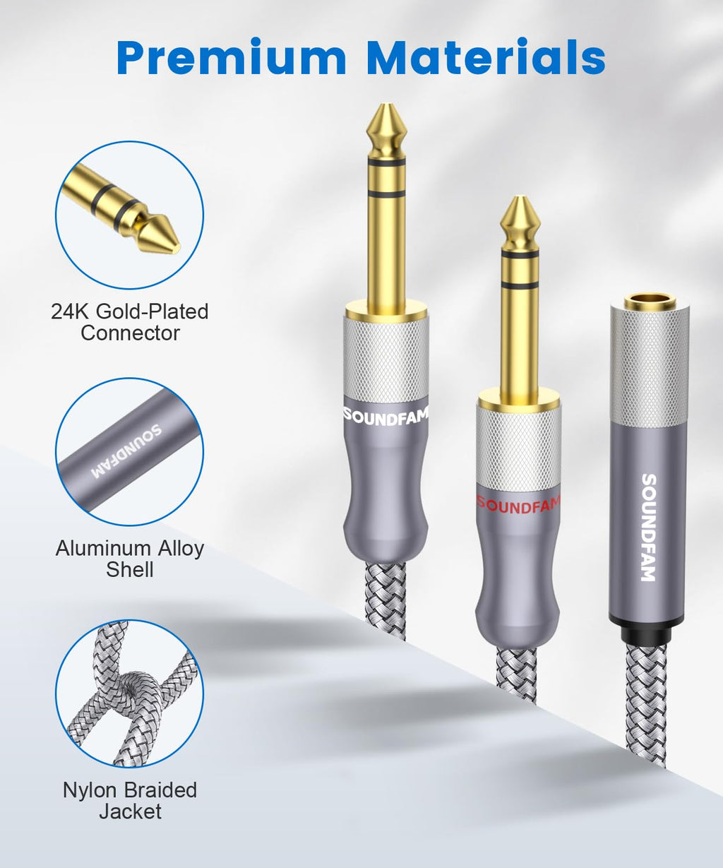 1/4" Splitter Cable 2 Feet/60CM,Microphone Splitter 1 Female to 2 Male TRS 1/4 inch Splitter 6.35mm Stereo Female Plug to Dual 6.35mm Male-Grey