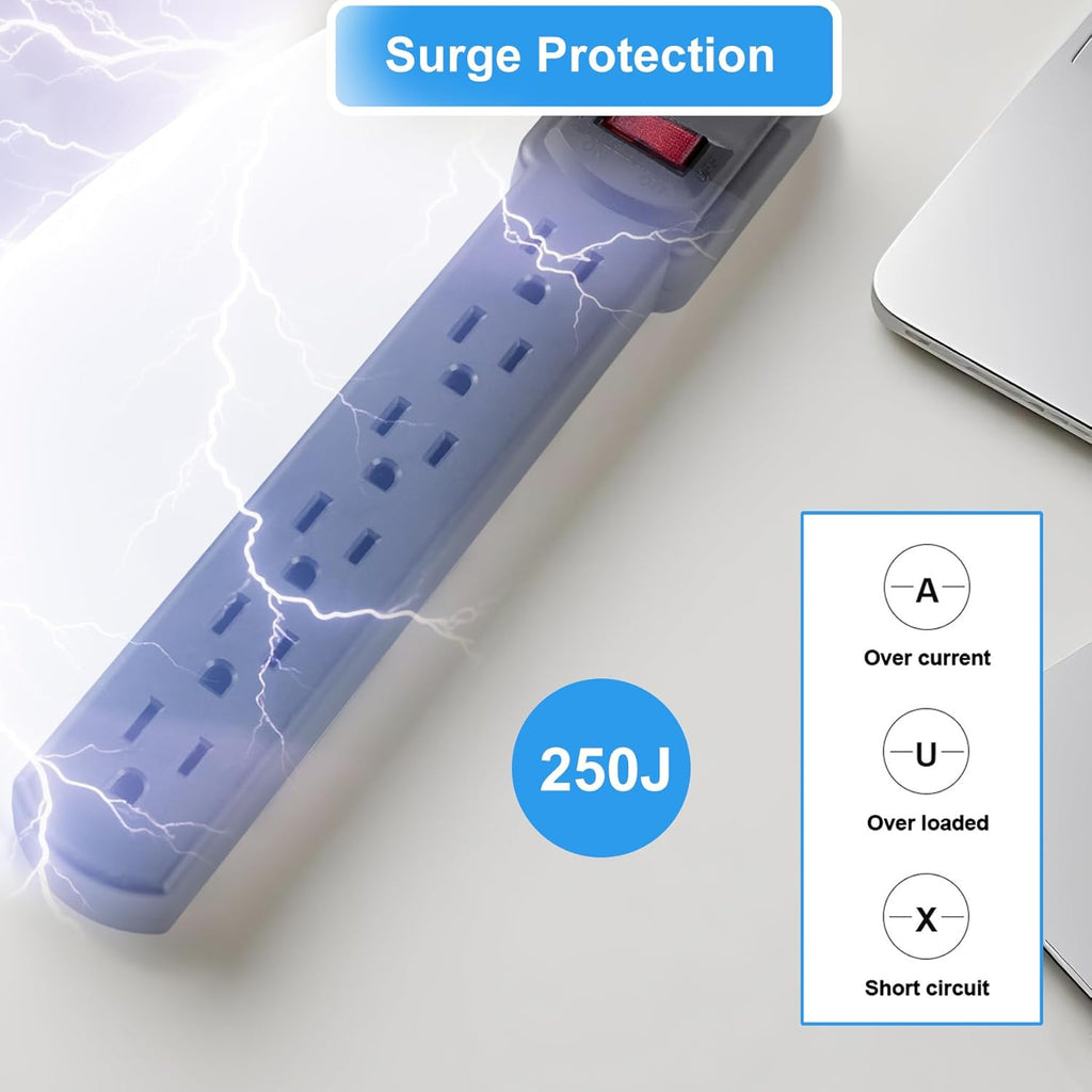 6-Outlet Surge Protector – 250 Joules, 2ft Cord, 15A/125V, 1875W Max – Right Angle Plug, Black – Home, Office, & Electronics Protection