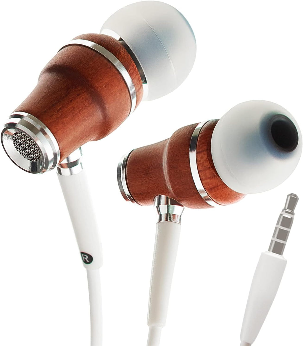 Symphonized Wired Earbuds with Microphone 3.5mm — Noise Isolating Headphones with Wire, Earphones Wired, Headphones with Microphone for Computer, Ear Phones Android Electronics, Natural Wood (White)