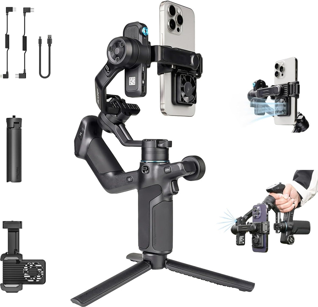 FeiyuTech SCORP Mini 3 Gimbal Stabilizer for Smartphone, Built-in AI Tracking Module & Cooling Fan, 2KG Payload 3-Axis Phone Gimbal with Integrated Grip Design, Gimbal Stabilizer for iPhone & Android