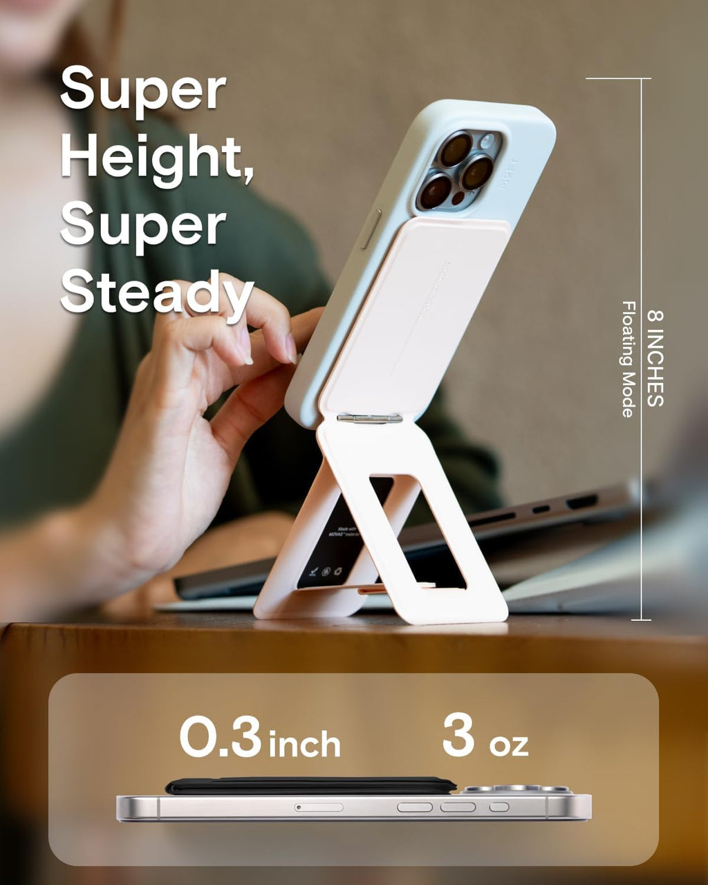 MOFT Phone Stand, Magnetic Phone Tripod Stand Stain-Resistant MOVAS Leather & Angle Adjustment & Strong Magnets Tripod for iPhone 16/15/14/13/12 (Included Metal Ring)-Seafoam