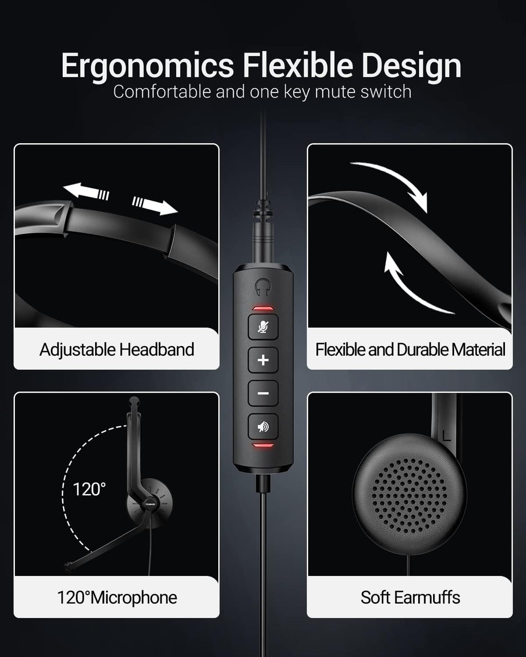 USB Headset with Microphone for PC Laptop - Wired Computer Headphones with Noise Cancelling Microphone for Home Office Online Class Skype Zoom Meetings,in Line Mute Controls