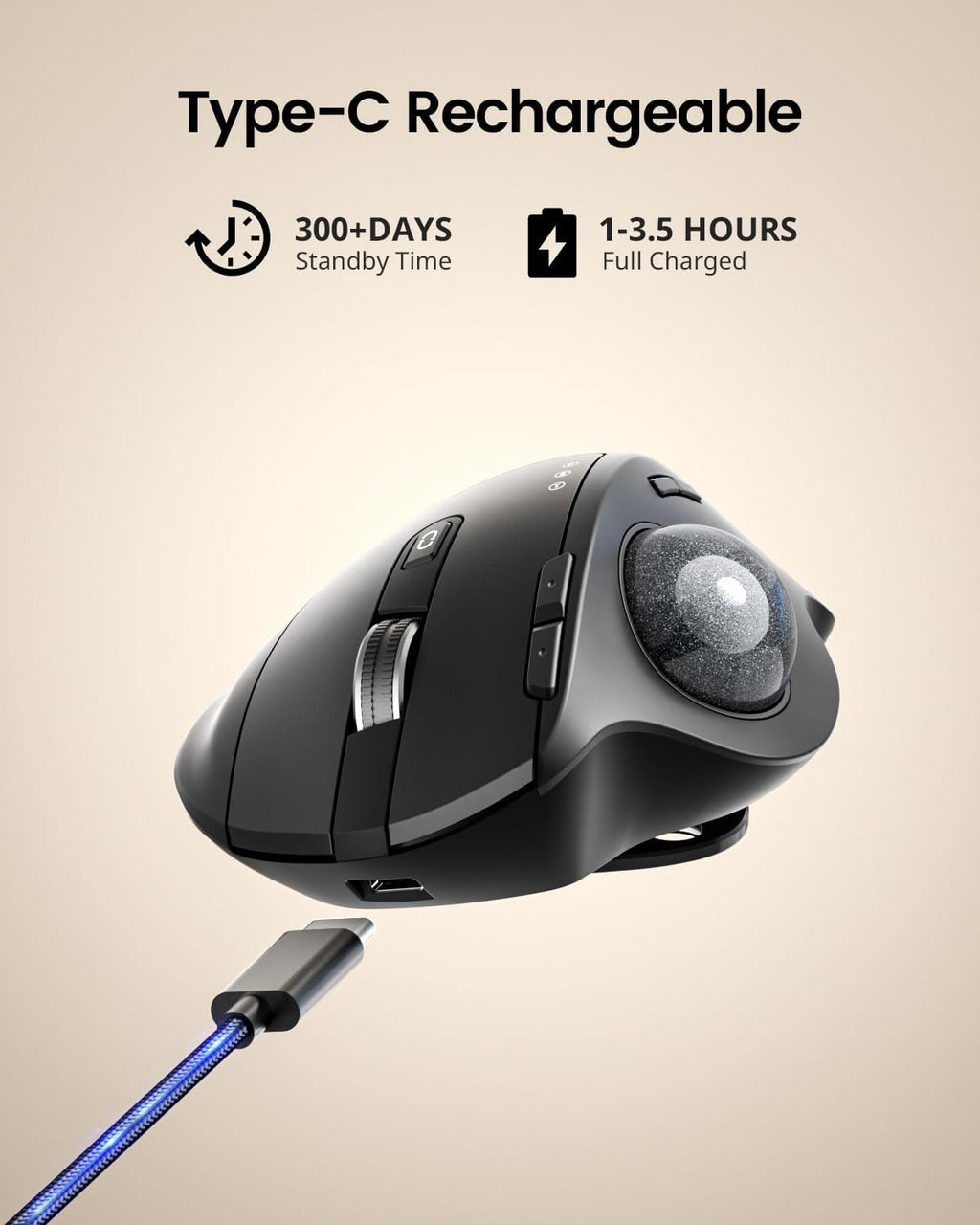 ProtoArc Wireless Trackball Mouse, EM01 NL Ergonomic Bluetooth Rollerball Thumb Rechargeable Computer Laptop Mouse, Adjustable Angle & 3 Device Connection for PC, Mac, Windows-Gray Ball