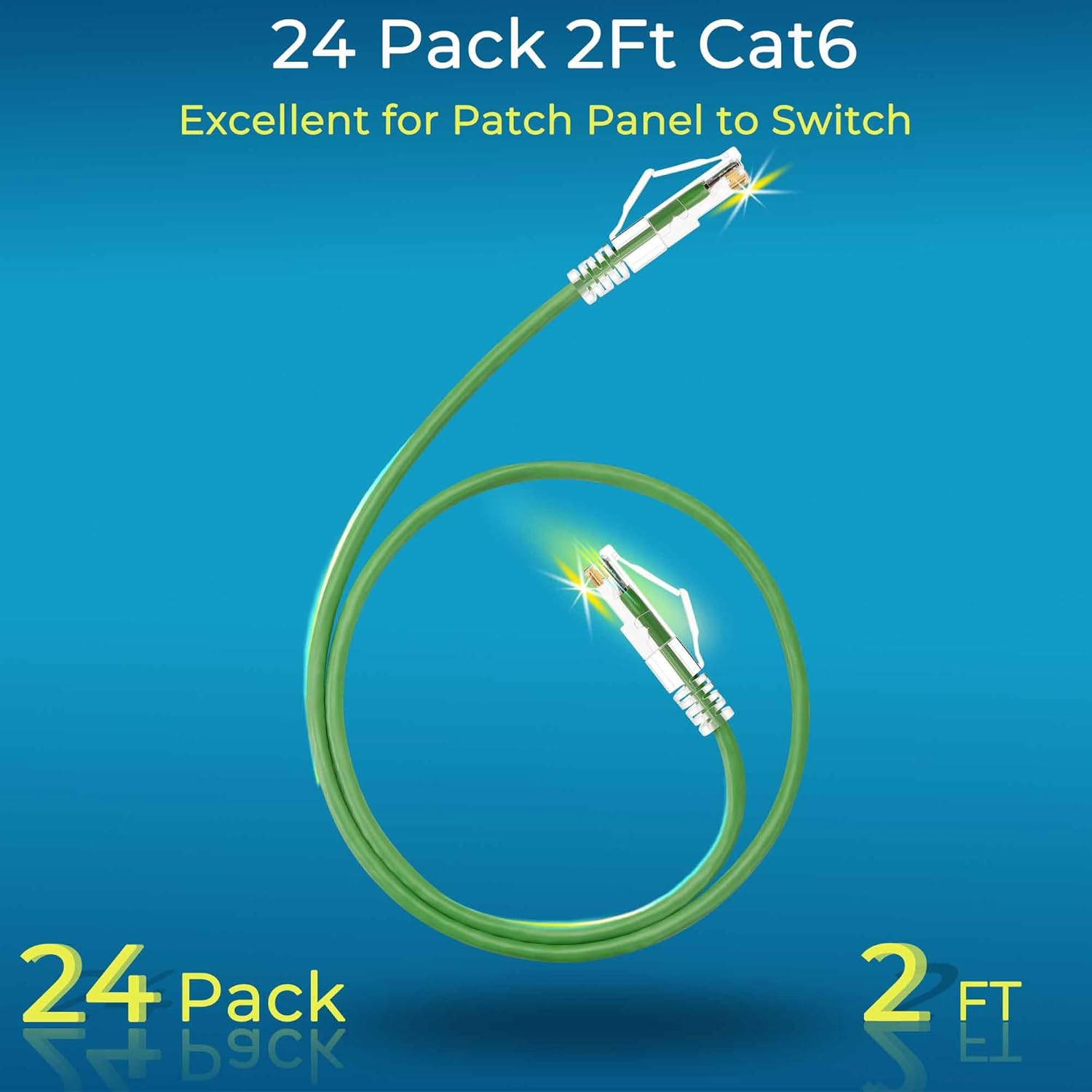 Rapink Patch Cables Cat6/ Cat6a 2ft (24 Pack) Slim, Cat6a Ethernet Patch Cable 20G Support, Snagless Cat 6 Patch Cable for Patch Panel to Switch, Flexiable Cat6 Ethernet Cable Green