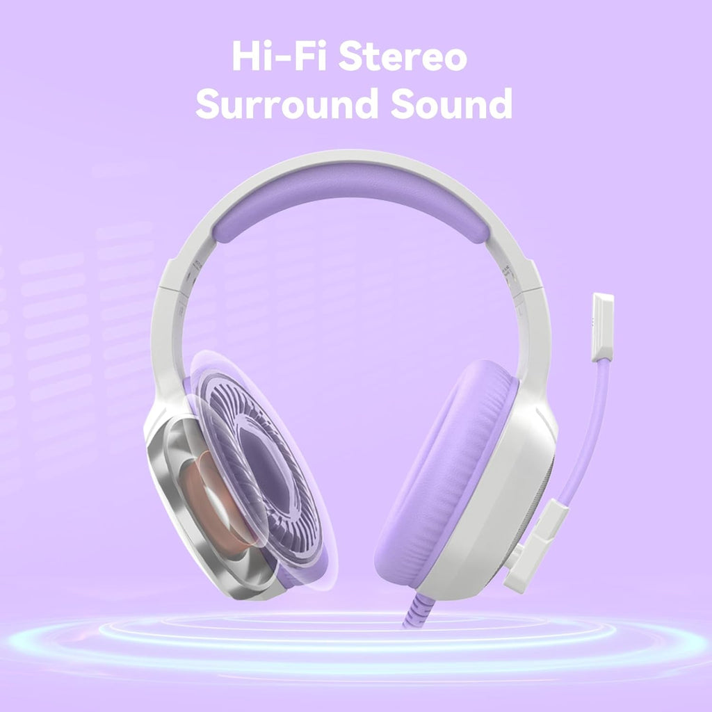 Gaming Headset with Microphone for Pc, Xbox One Series X/s, Ps4, Ps5, Switch, Stereo Wired Noise Cancelling Over-Ear Headphones with Mic, RGB, for Computer, Laptop, Mac, Nintendo (White Purple)