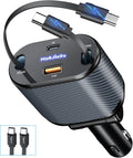 Retractable Car Charger for 4 in 1 Fast Charging Max 80W【ONLY 2 Type-C Charging Cable】 for iPhone16 15/Galaxy,USB-A/C Port for iPhone16/15/14/13/Pro Max Plus,iPad,AirPods,PD 3.0 Cord