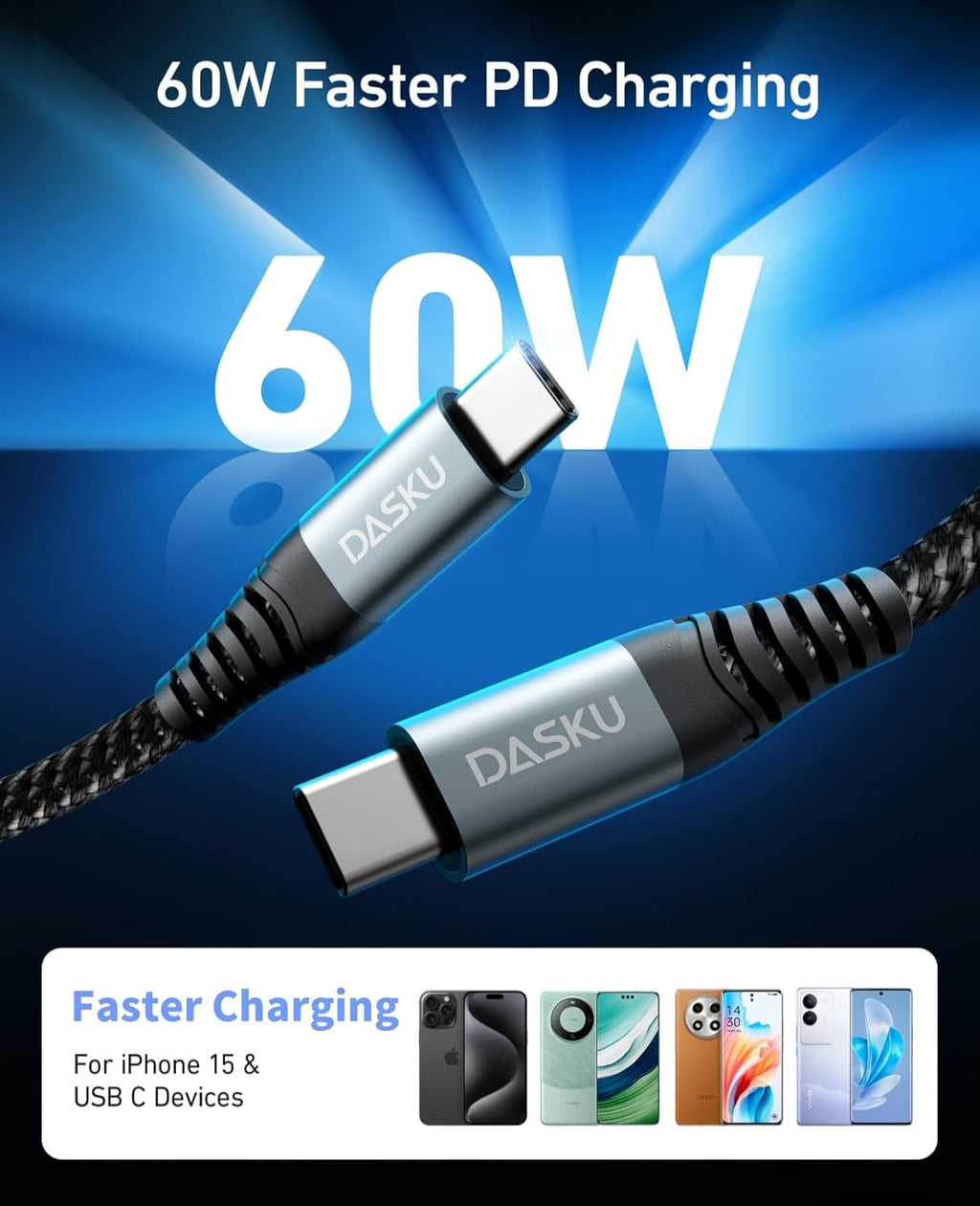 Dasku USB C to USB C Cable, 5 Pack [3/6/6/10/10FT] Charger Cable 60 W Fast Type C Charging Cord for iPhone 16 15 Pro Max Plus Samsung S23 Note 20 iPad Pro Air Mini MacBook LG and More