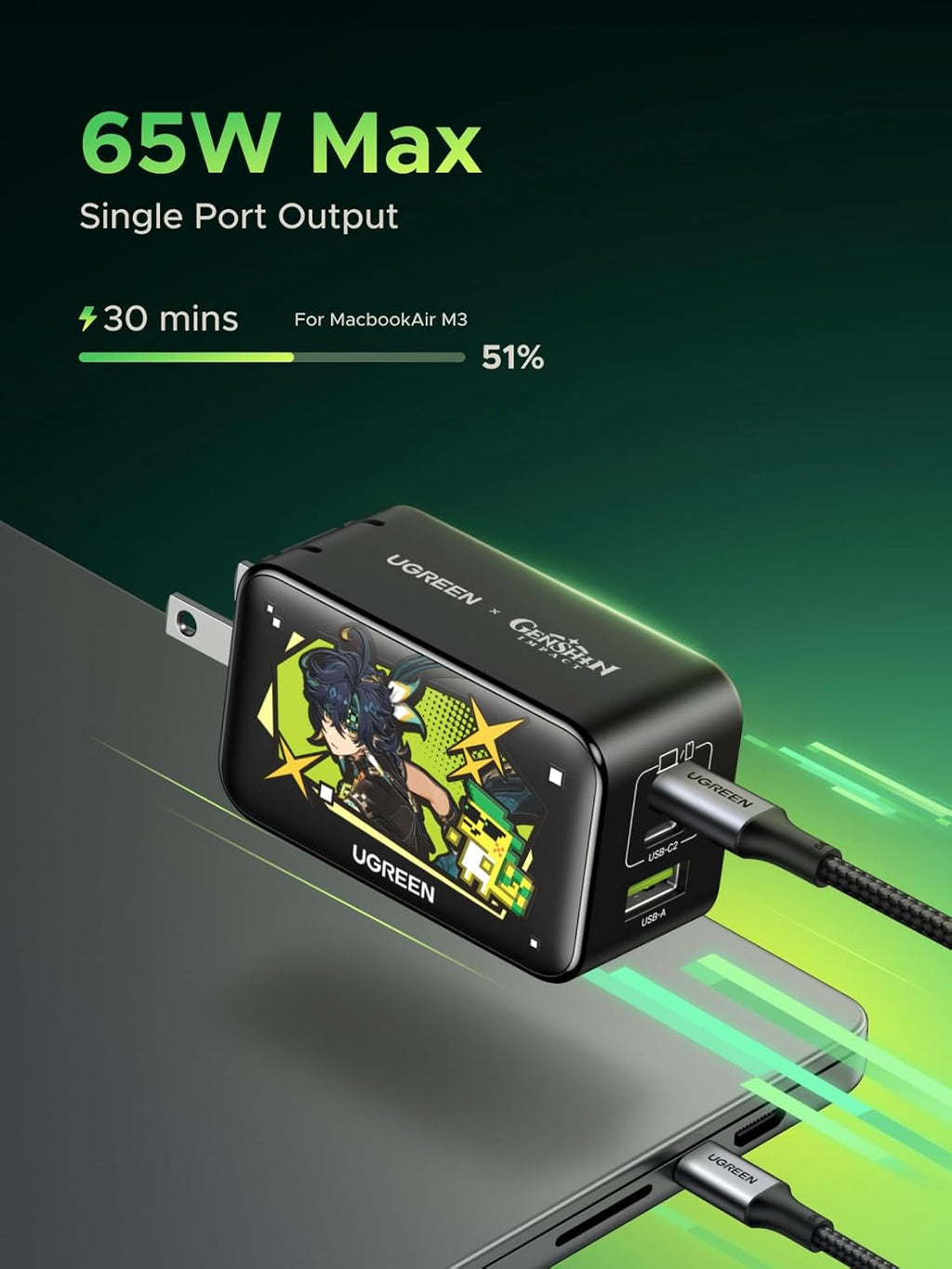 UGREEN 65W USB C Charger Block, Nexode 3-Port GaN Fast Type C Charger, Compact Foldable Power Adapter for MacBook Pro/Air, Dell XPS, iPhone 16/15, iPad Pro, Galaxy S25, (Genshin Impact Edition)