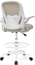 Drafting Chair Tall Office Chair with Flip-up Armrests, Adjustable Height, and Enhanced Lumbar Support - Ergonomic Rolling Stool, Back Support, and Adjustable Foot Rest Ring for Standing Desk Khaki