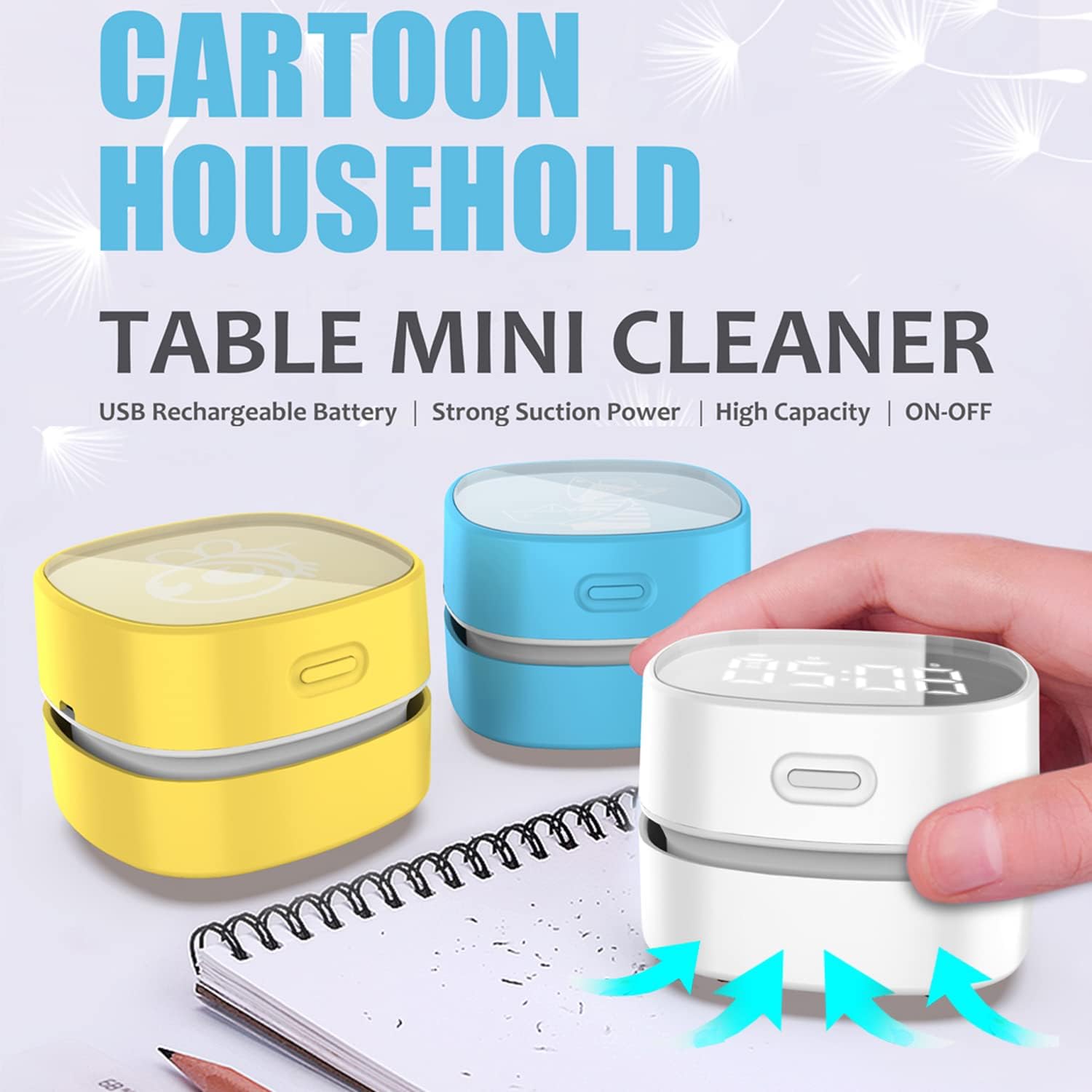 ODISTAR Counter Vacuum Cleaner,Mini Table dust Sweeper Energy with Digital Timer,Endurance up to 400 mins,360º Rotatable for Cleaning Rubber shavings,Crumbs Keyboard of Gifts for Kids(White)