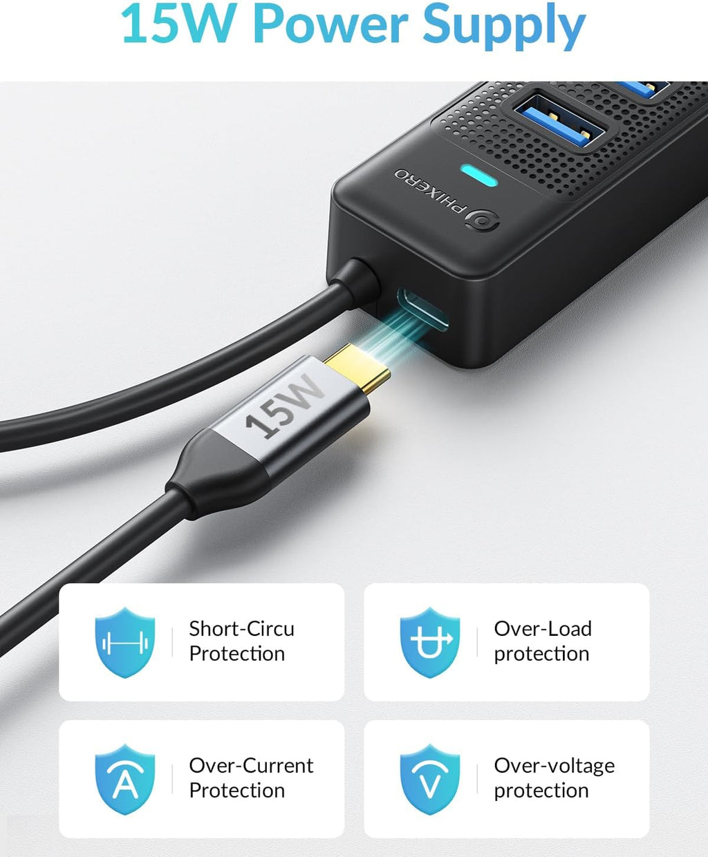 PHIXERO 7 Port USB Hub 3.2 with 1.6FT/50CM Long Cable, Multiport Adapter and Splitter for PC, Compatible with All USB 3.2/2.0/1.1 Devices