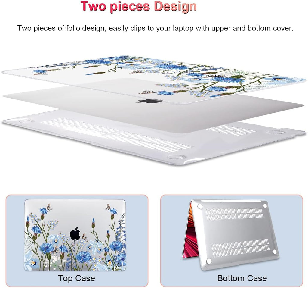 for MacBook Pro 13 Inch Case 2022 M2 2020 2021 A2338 M1 A2251 A2289 with Touch Bar & Touch ID, Plastic Hard Case Keyboard Cover Screen Protector Webcam Cover Brush, Tropical Blue Flowers