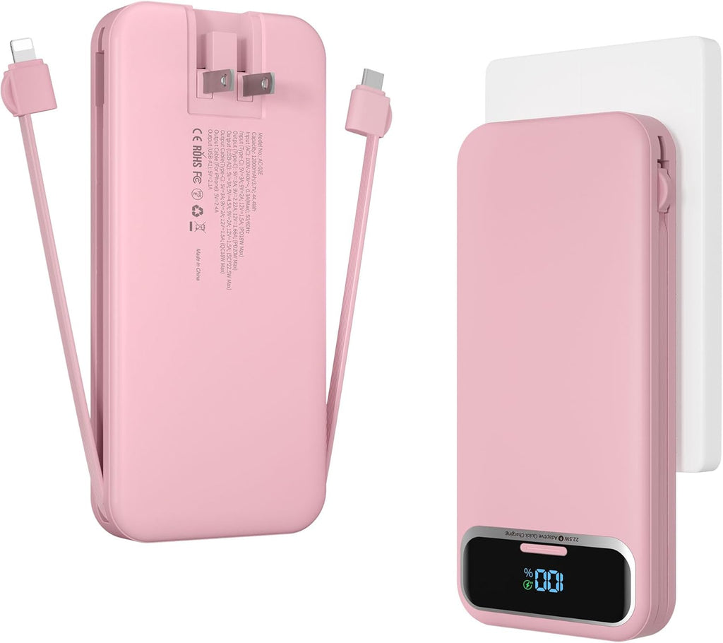 12000mAh Lightweight-Portable-Charger-Power-Bank with Built-in Cables and AC Wall Plug, PD20W USB-C Fast Charging Battery Pack, LED Display External Travel Phone Charger for All iPhone,Samsung,Android