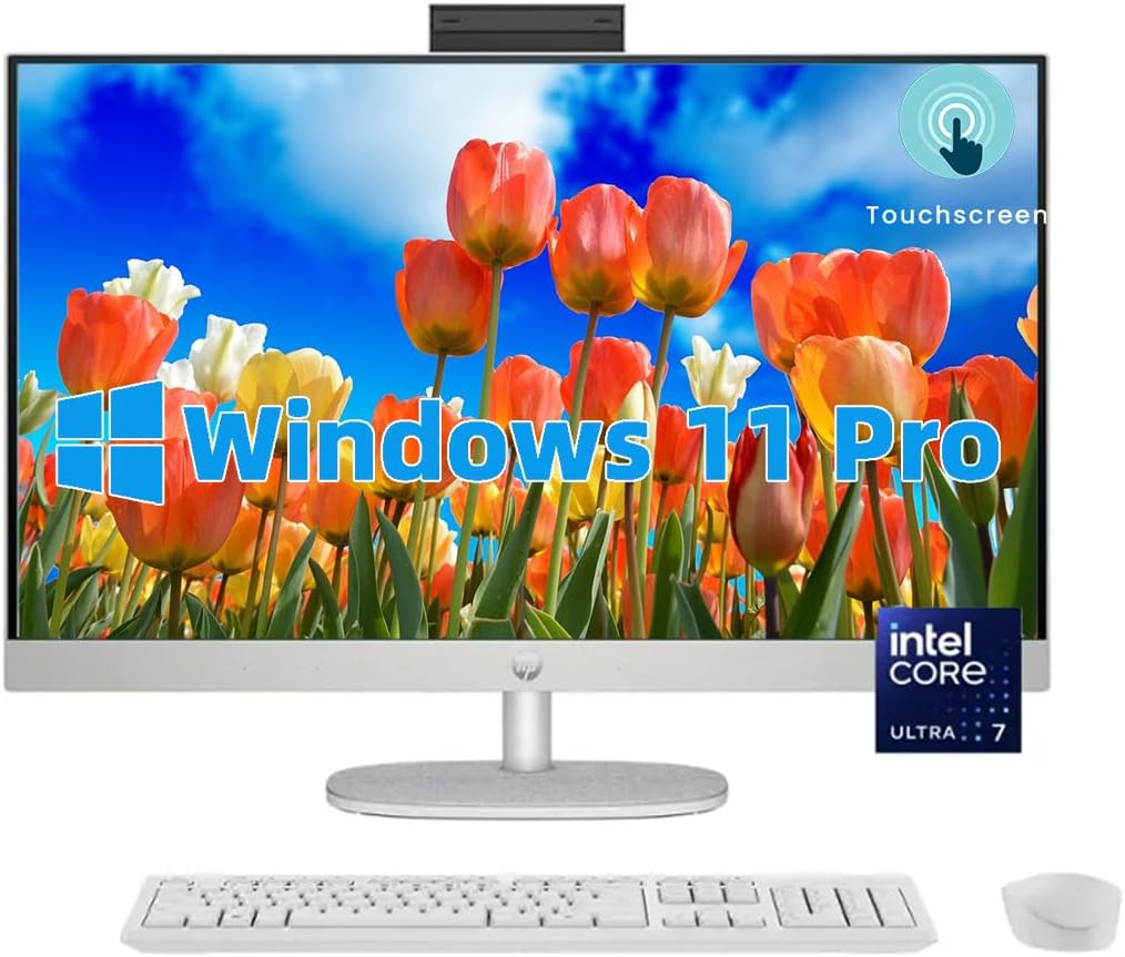 HP All-in-One Desktop - 27'' FHD Touchscreen Computer, Windows 11 Pro, Intel 12-core Ultra 7 155U(Beats i7-1355U), Wi-Fi 6, Bluetooth, Adjustable Height, Anti-Glare (64GB RAM | 1TB SSD)