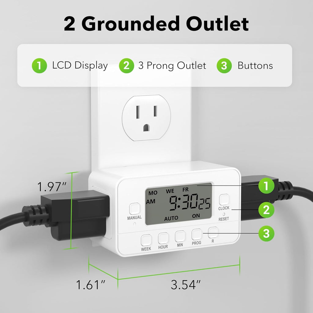 BN-LINK 7-Day Heavy Duty Digital Timer with Dual Outlet, LCD Display, 3-Prong Programmable Design, for Lights, Fans, Coffee Machine, Home, Office, Indoor Use, 125V 15A 1875W, 2 Pack