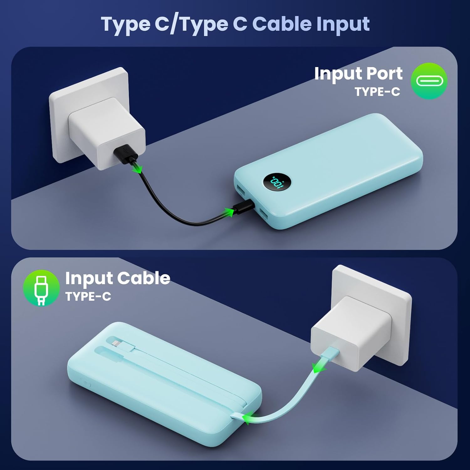 Portable Charger PowerBank 40,800mAh with 2 Built-in Cables,25W PD Fast Charging +QC 4.0 Quick Phone Charging Power Bank, 5 Outputs LCD Display USB C Battery Pack for iPhone 16/15 Android Galaxy etc