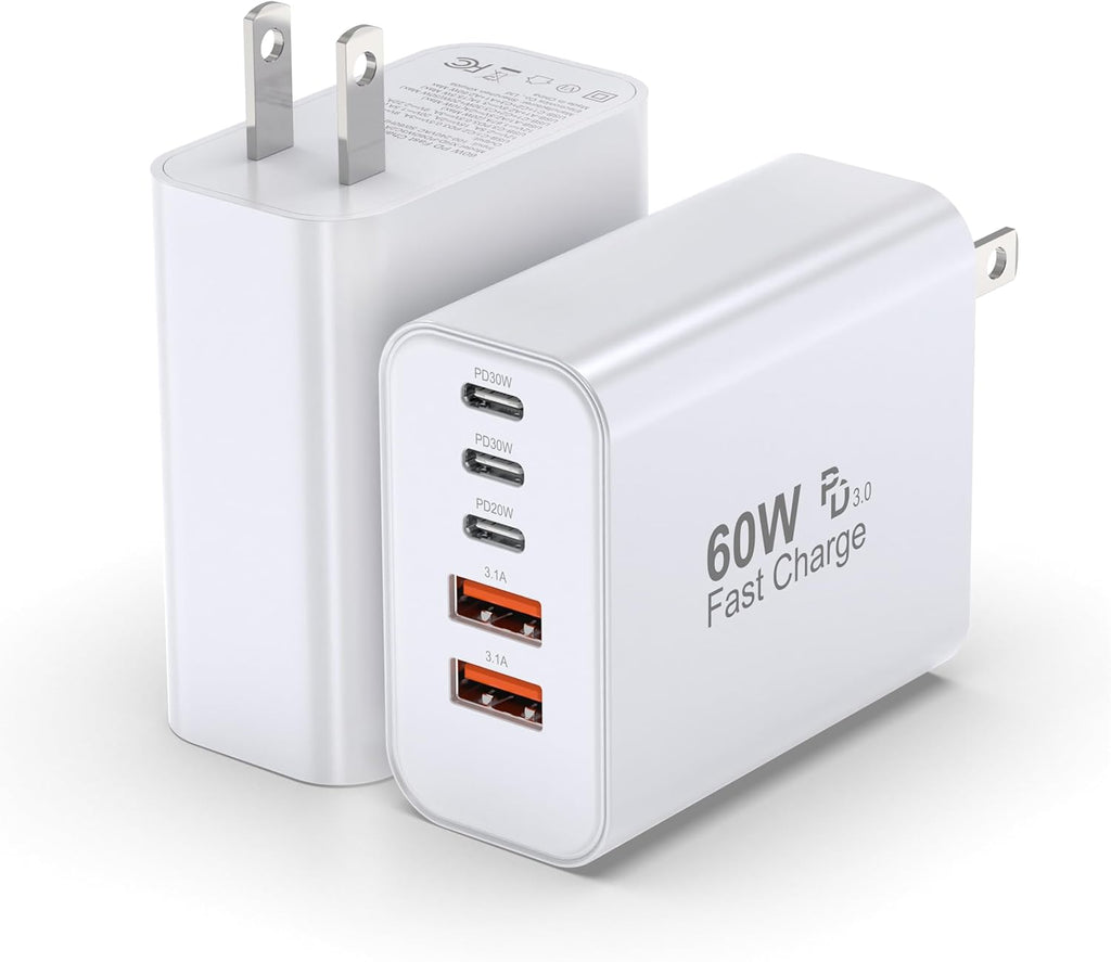 USB C Block 60W, 5 Ports Wall Plug Fast Charging Block, PD+QC Multiport Power Adapter USB C Charger Type C for iPhone 16,15,14,13,12, Pro Max, Galaxy S25, S24, Watch, Tablet, Smartphones -2Pack