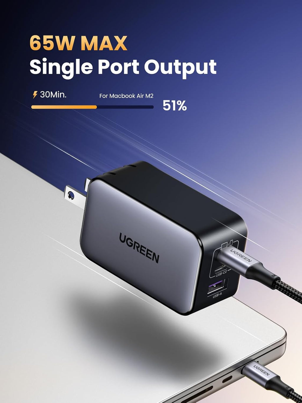 UGREEN 65W USB C Charger Block, Nexode 3-Port GaN Fast Type C Charger, Compact Foldable Power Adapter for MacBook Pro/Air, Dell XPS, iPhone 16/15, iPad Pro, Galaxy S25, (Black)