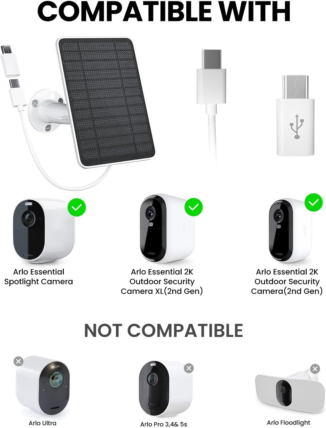 5W Solar Panel Charger Compatible with Arlo Essential 2K Outdoor Camera(2nd Gen)/Essential Outdoor XL(2nd Gen)/Essential Spotlight, IP65 Waterproof 10ft USB-C & Micro USB Cable & Wall Mount, 1 Pack