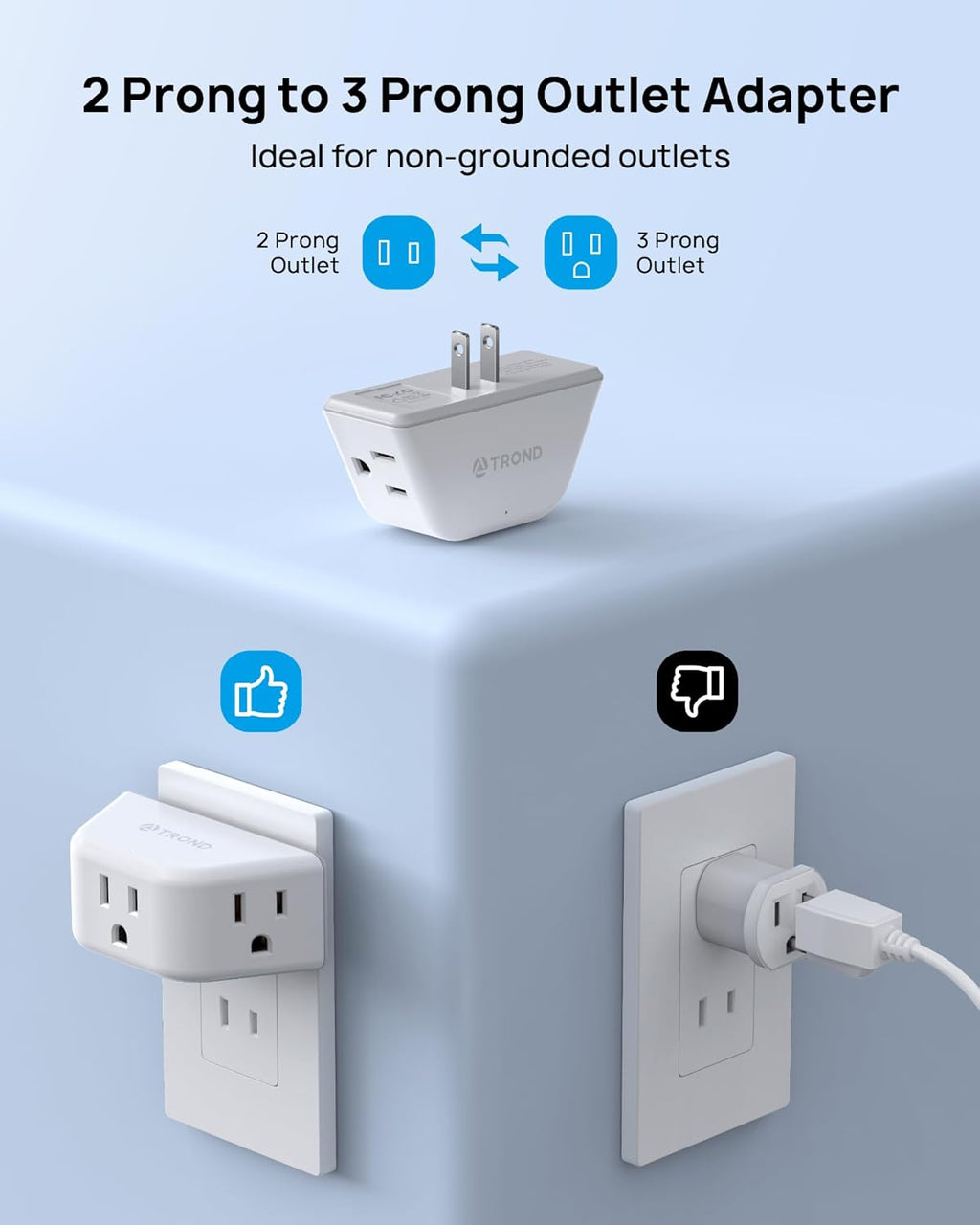 TROND 2 Prong to 3 Prong Outlet Adapter, 3-Way Angled Plug Extender with 3 AC Sockets, Wall Splitter for Non-Grounded Outlets in Old House, Cruise Essentials, White