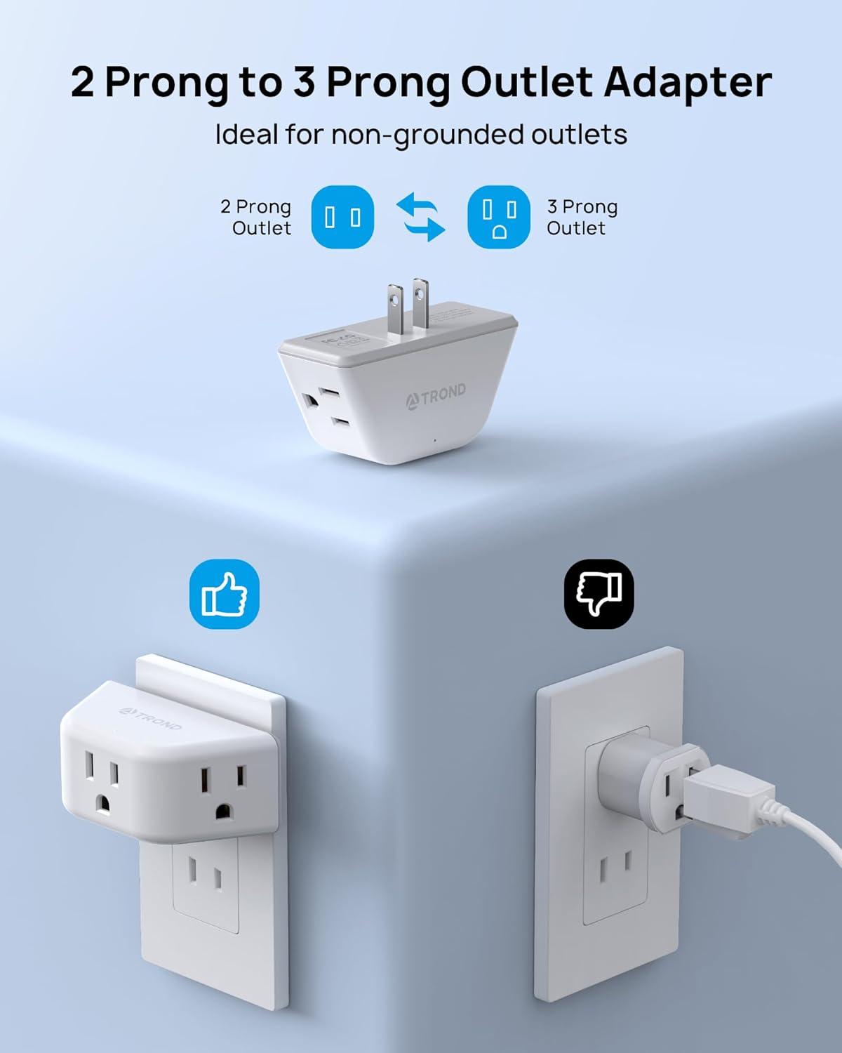 TROND 2 Prong to 3 Prong Outlet Adapter, 3-Way Angled Plug Extender with 3 AC Sockets, Wall Splitter for Non-Grounded Outlets in Old House, Cruise Essentials, White