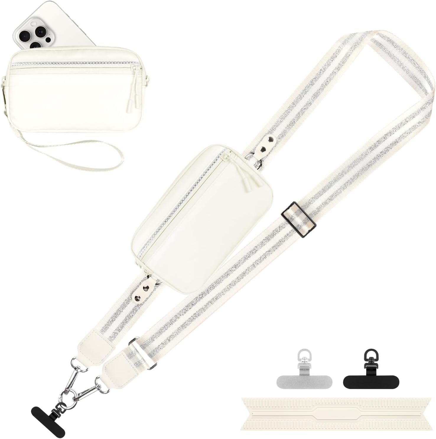 Clip and Go Strap for Phone with Wallet Crossbody, Adjustable Phone Lanyard with Detachable RFID Wristlet Wallet, Pattern Strap - Cream&Silver (L)
