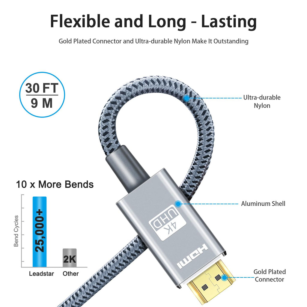 LEADSTAR HDMI Cable 4K 30 ft / 9m, High Speed HDMI 2.0 Cord Braided | 4K@60Hz, Ultra HD, 2160p, ARC, HDR, 3D, HDCP 2.2 | for Xbox, PS5, TV, Laptop, Monitor