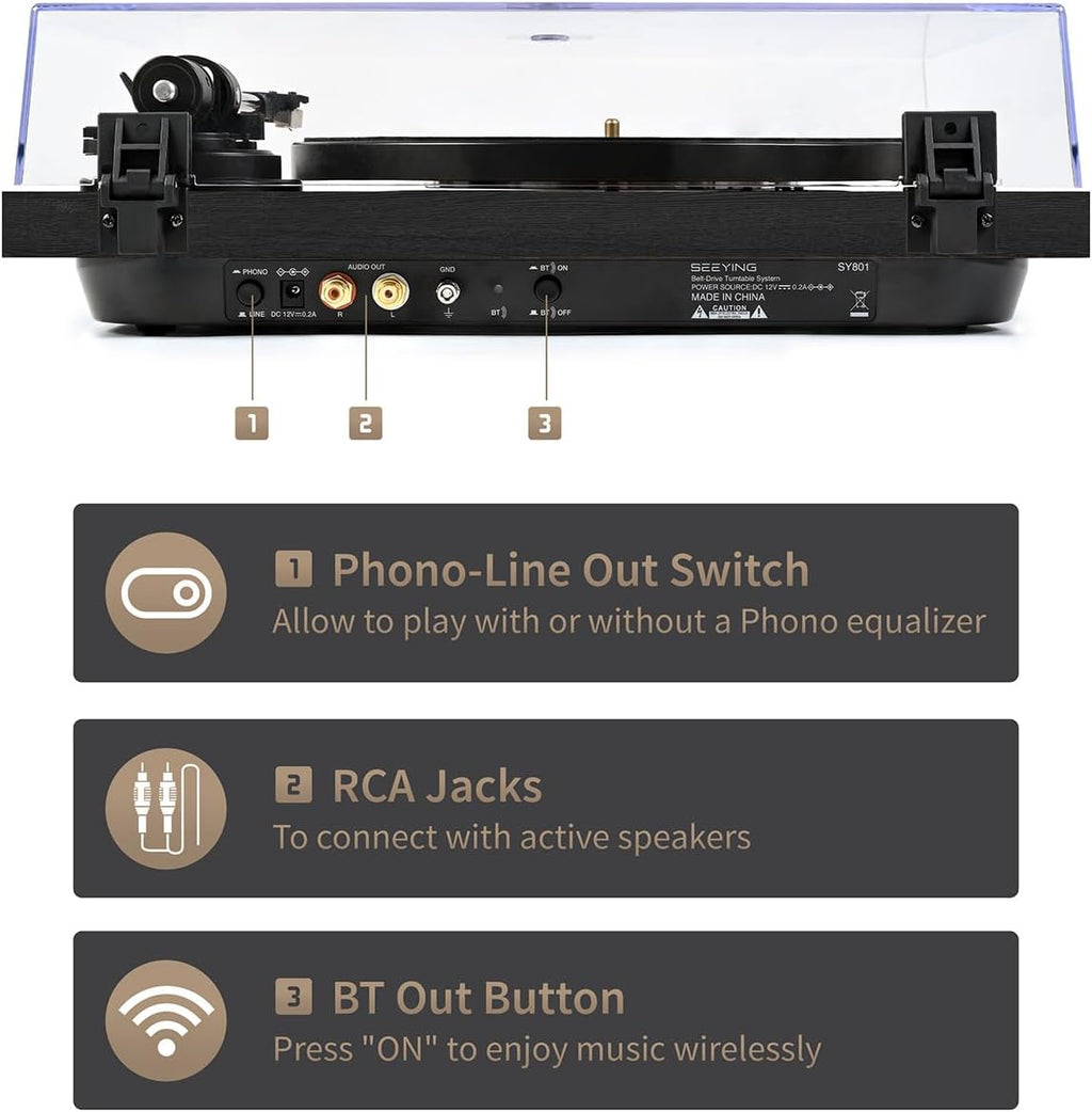 Turntable Vinyl Record Player Support Bluetooth Output Phono/Line Switch Pitch Control with Pre-Installed Counterweight & Magnetic Cartridge, Belt Drive 2 Speed