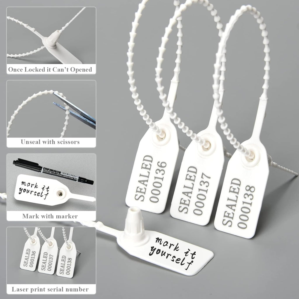1000 Numbered Plastic Tamper Seals, Zip Ties for Fire Extinguishers Pull Tite Security Tags Disposable Self-Locking Signage - Label Tie 250mm Length (1000 PCS, White)