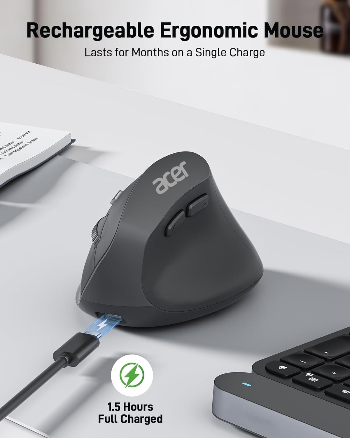 acer Ergonomic Mouse Wireless, Adjustable DPI Vertical Mouse 1000/1200/1600 with 6 Buttons, Rechargeable Ergo Mice with 2.4GHz USB Receiver for Computer, Laptop, PC, iMac and Desktop