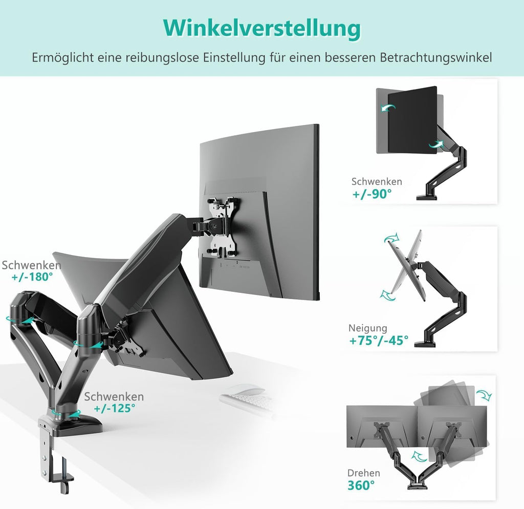 WALI Dual Monitor Mount, Monitor Arms for 2 Monitors Fully Adjustable Gas Spring Desk Mount Swivel Mounting Holes Bracket with C Clamp, Grommet Base for Display Up to 32 Inch 19.8lbs (GSMP002), Black