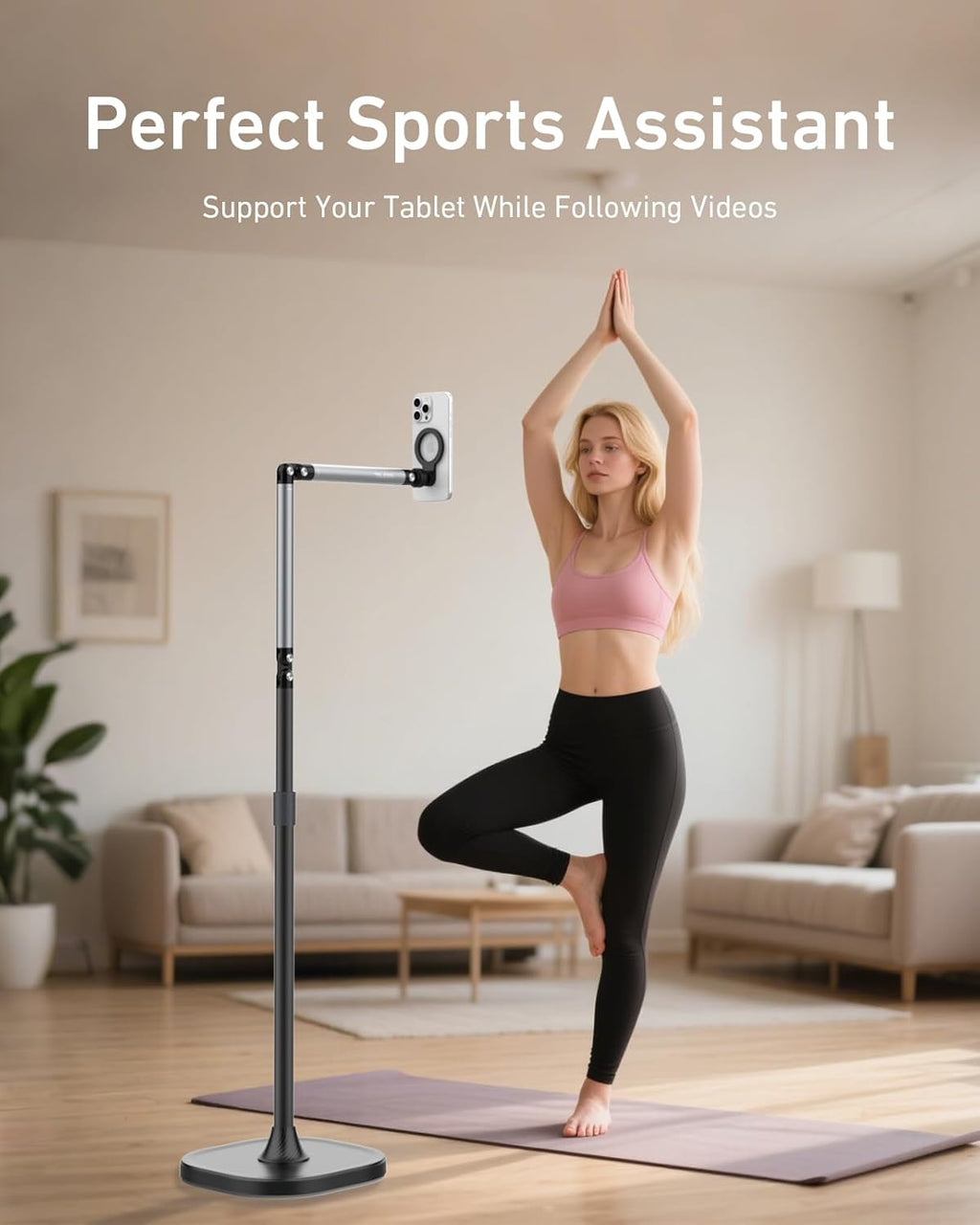 TELESIN° Magnetic Phone Tablet Floor Stand, Aluminum Alloy Phone Holder Stand for Video Recording, Overhead Bed/Sofa Phone Mount Height Adjustable Ultra Stable Base for Magsafe/iPhone/Android/iPad