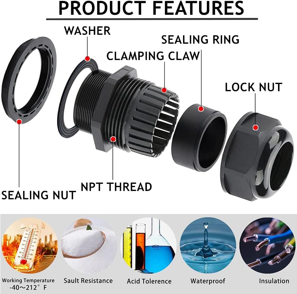PENGLIN Cable Glands NPT Nylon Cable Connector, Strain Relief Cord Connector, IP68 Waterproof Adjustable Locknut(1/4" 1/2" 3/4" 1" Glands Combo(16-Pack))