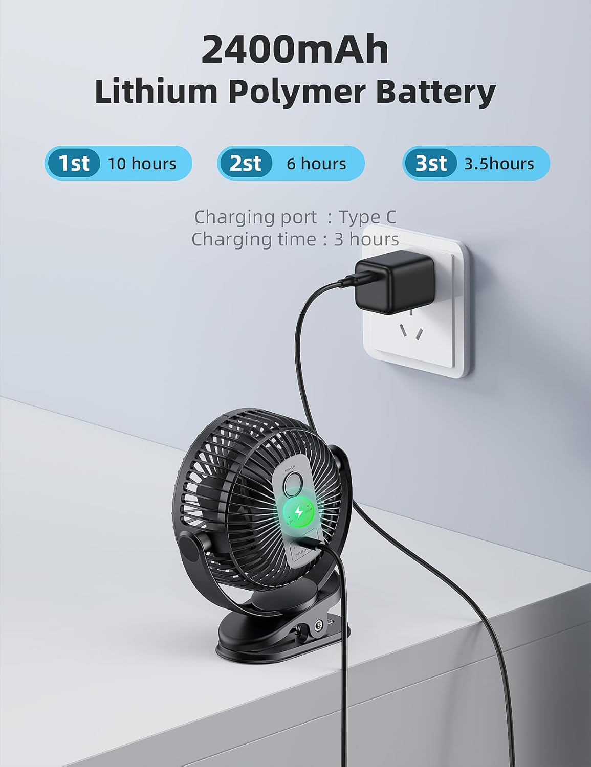 USB Portable Clip on Fan, 2400mAh Battery Type-C 6in, 3 Speed 720° Tilting Head, Black Personal Rechargeable Fan for Desk, Bedside, Golf Cart, Baby Stroller, Indoor & Outdoor Use