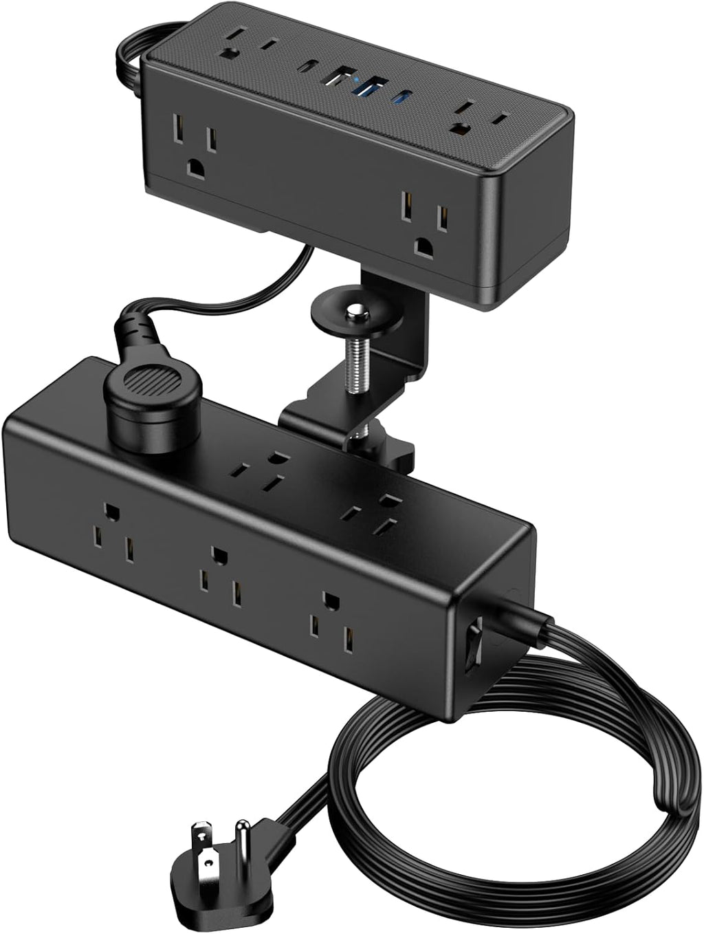 Dual Layer Desk Clamp Power Strip, Under Desk Power Strip with 4 USB Ports(2 USB-C) & 15 AC Outlets, Desk Mount Surge Protector, Ultra Thin Flat Plug & 10FT Power Cord for Office Home(ETL Listed)