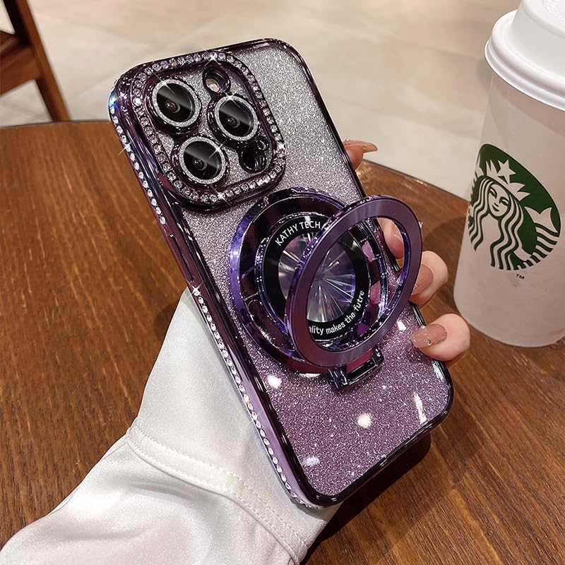 Magnetic Kickstand (Glitter Lens Protector ) Case for iPhone 15 14 13 12 Pro Max (Compatible with Magsafe ) Sparkling Diamond Cover Glitter Shiny Rhinestone Cases (Purple,for iPhone 14 Pro Max)