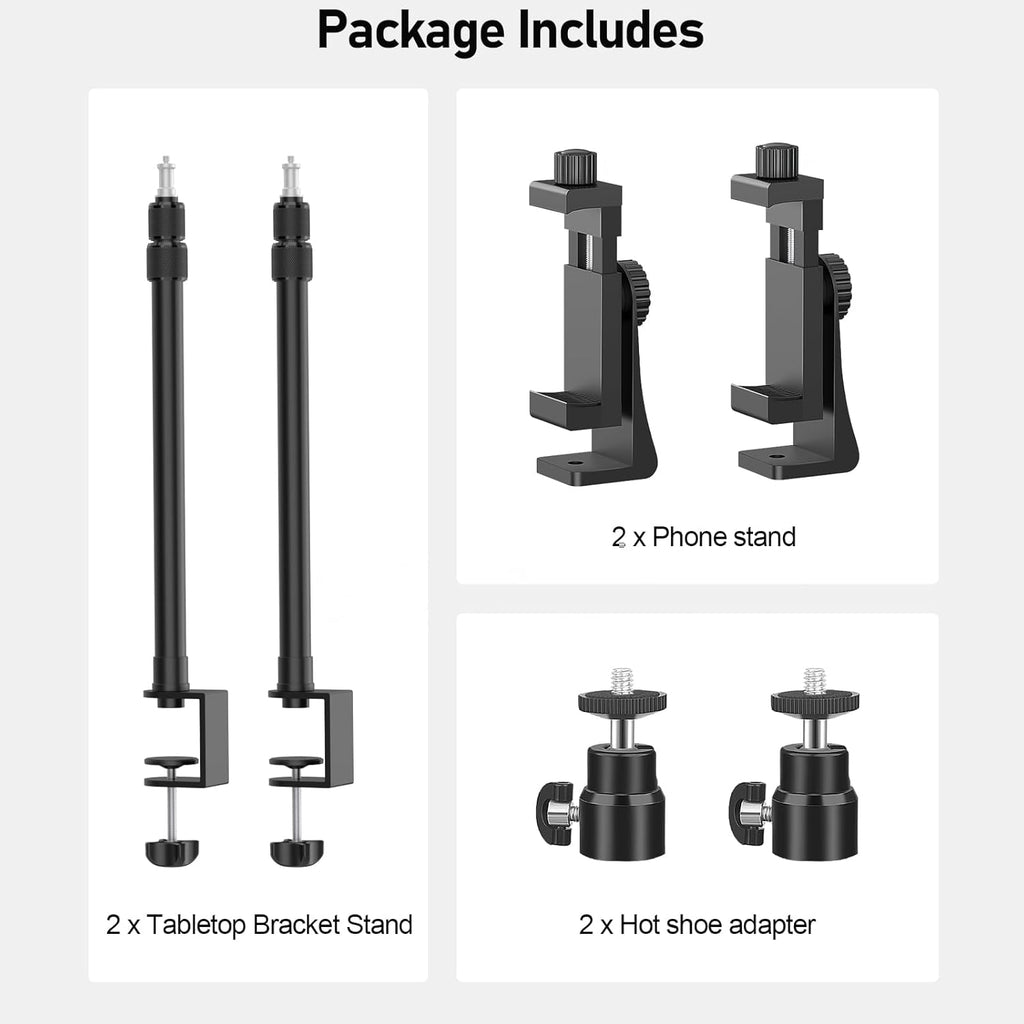 2 Pack Desk Mount with 1/4" & 3/8" Screws, Ball Head, 17-41" Adjustable Aluminum Stand, for DSLR & Ring Light