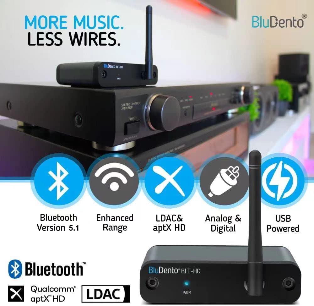 BLT-HD aptX HD Bluetooth Receiver, Hi-Fi Bluetooth v5.1 Audio Adapter with TI DAC,Analog RCA Output, Digital Coaxial and Optical Output with Enhanced Working Range