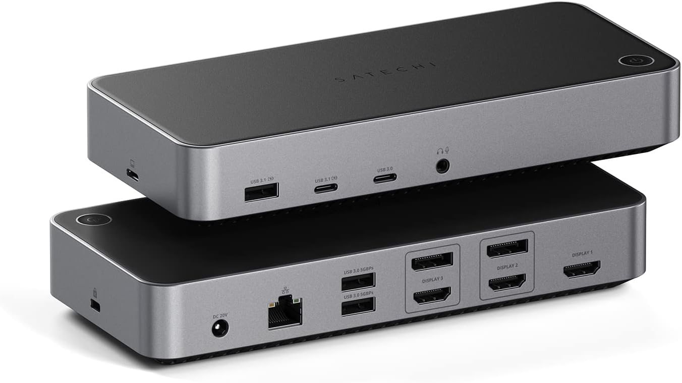 Satechi 13 in 1 Triple 4K USB C Docking Station, 100W Charging, 2 DP, 3 HDMI, 2 USB C, 3 USB-A, Gigabit Ethernet, and Audio Jack for Mac/Windows, MacBook Air/Pro M4/M3/M2/M1, DisplayLink Required