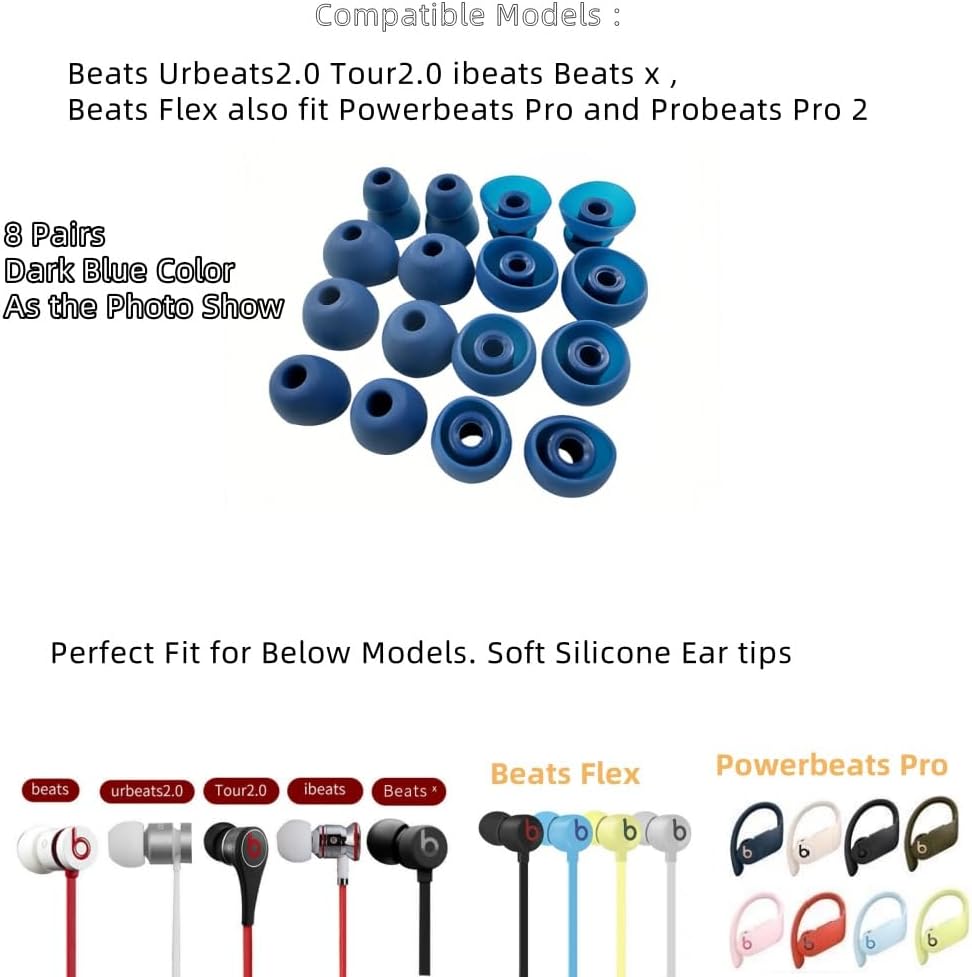Replacement Ear Tips for Beats Urbeats2.0 Tour2.0 ibeats Beats x, Beats Flex Secure Fit for Powerbeats Pro Silicone Earbuds Washable Sweat-Resistant Noise Isolation 8 Pairs (Dark Blue)