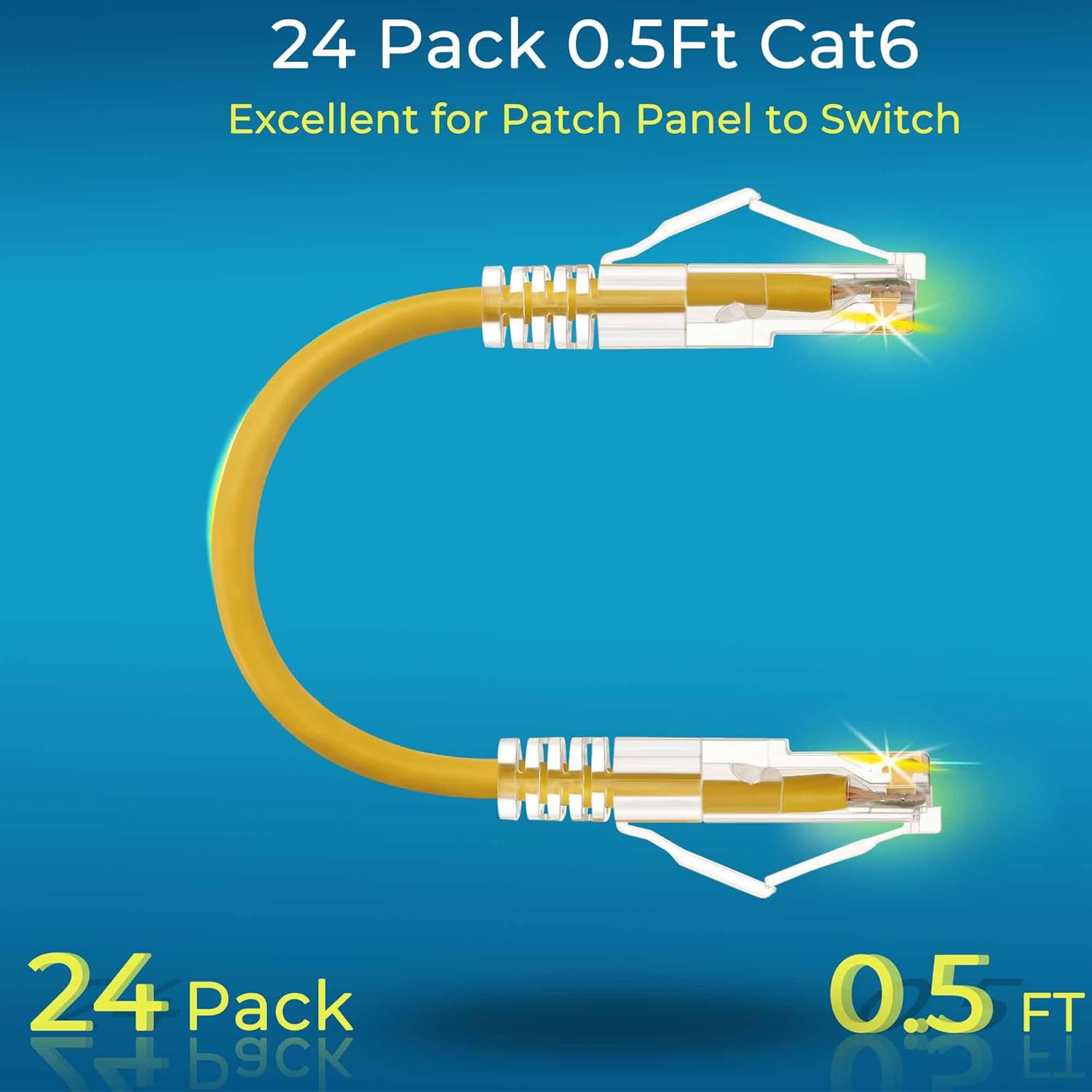 Rapink Patch Cables Cat6/ Cat6a 0.5ft (24 Pack) Slim, Cat6a Ethernet Patch Cable 10G Support, Snagless Cat 6 Patch Cable for Patch Panel to Switch, Flexiable Cat6 Ethernet Cable Yellow