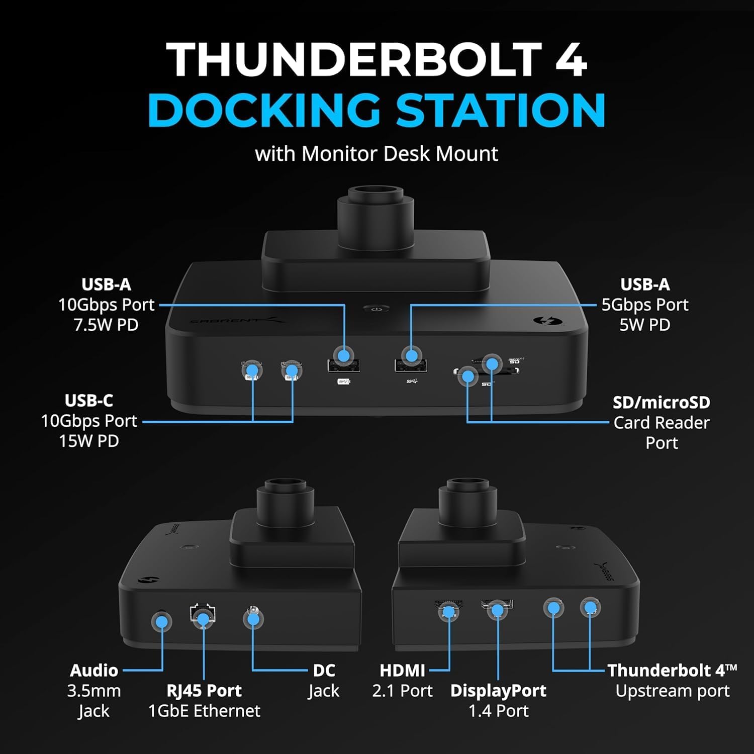 SABRENT Thunderbolt 4 Docking Station with Monitor Desk Mount, Gas-Lift Arm, 4 USB Ports, UHS-II Card Reader, Gigabit Ethernet, HDMI, DisplayPort, 8K/4K, VESA Mount for Monitors up to 32” (DS-T4WA)