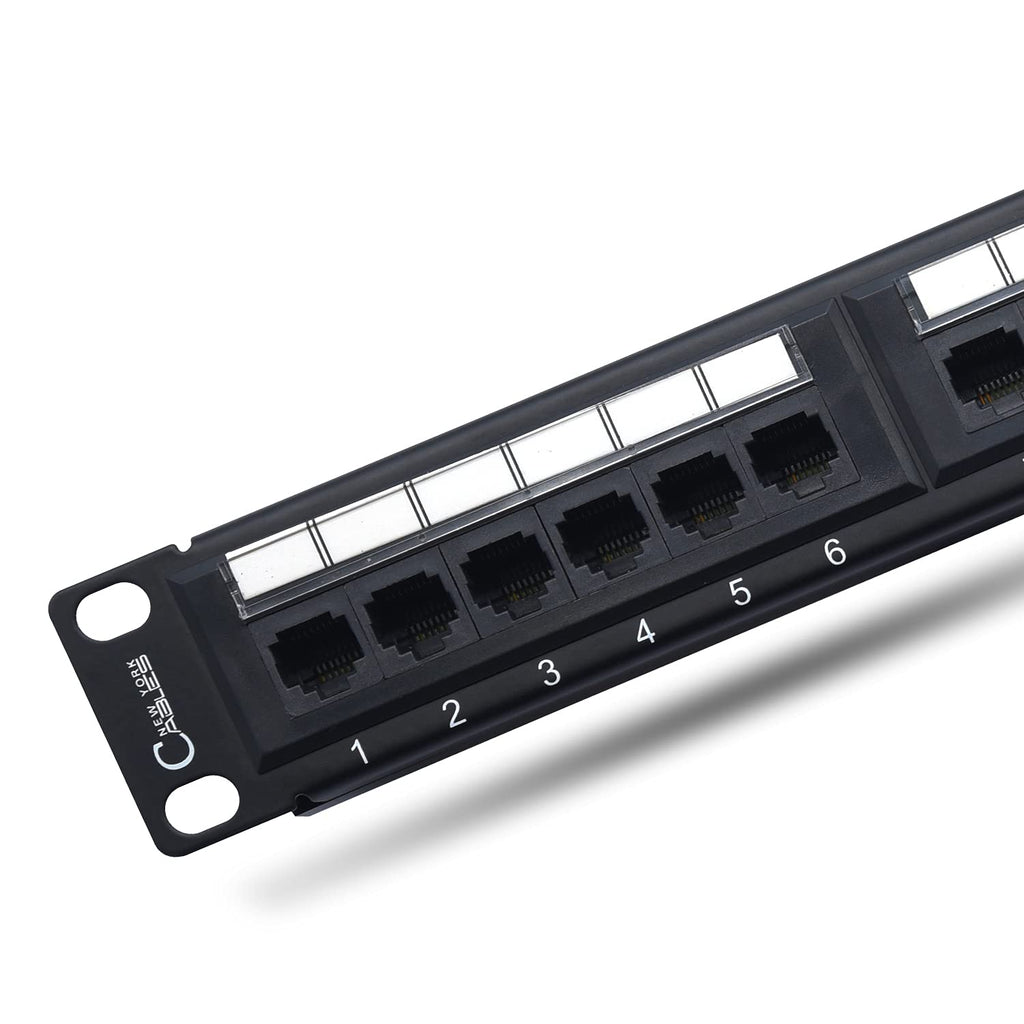 NewYork Cables 12 Port Cat6 Patch Panel – 10Gb Ethernet, 1U Horizontal Wall Mount Loaded 10-Inch Keystone, UTP, Cable Ties, – Black