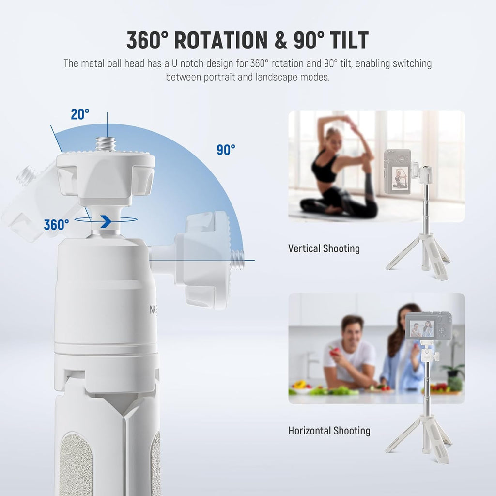 NEEWER Basics Mini Desk Selfie Stick Tripod Compatible with iPhone GoPro Insta360 DJI, Portable Small Camera Webcam Android Cell Phone Holder Ball Head Elevated Axis Video Recording Stand, TP43 White