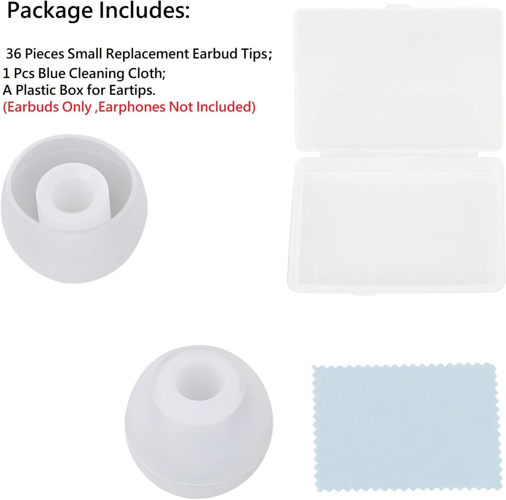 36 Pieces Small Earbud Tips Soft and Comfortable Ear Bud Replacement Pieces Silicone Fit Most in-Ear Headphones，Inner Hole 3.8mm -5.5mm，Small Clear White Replacement Eartips