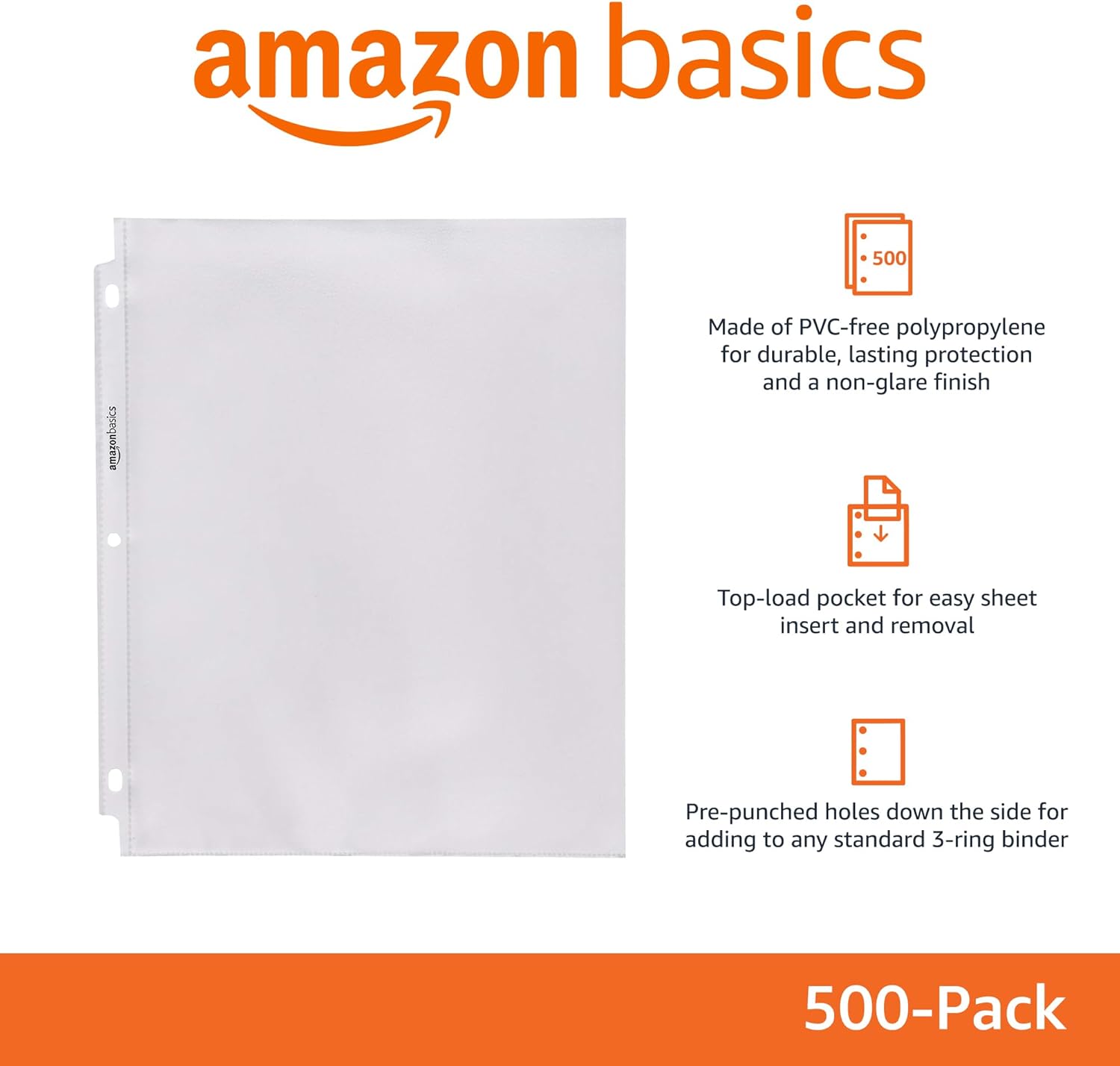 Amazon Basics Non-Glare Sheet Protector for Paper, Sturdy, with Pre-Punched Holes, Clear, 8.5 x 11 Inch, 500 Count