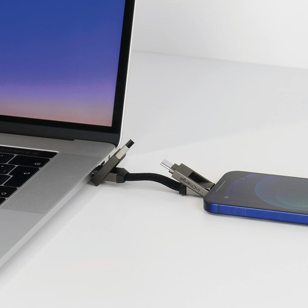 Rolling Square inCharge 6 - Keychain USB C Charger Cable, Lightning Cable and Micro-USB for Smartphone, Universal Cable Charger 6 in 1, USB Plug, 15W, Gray