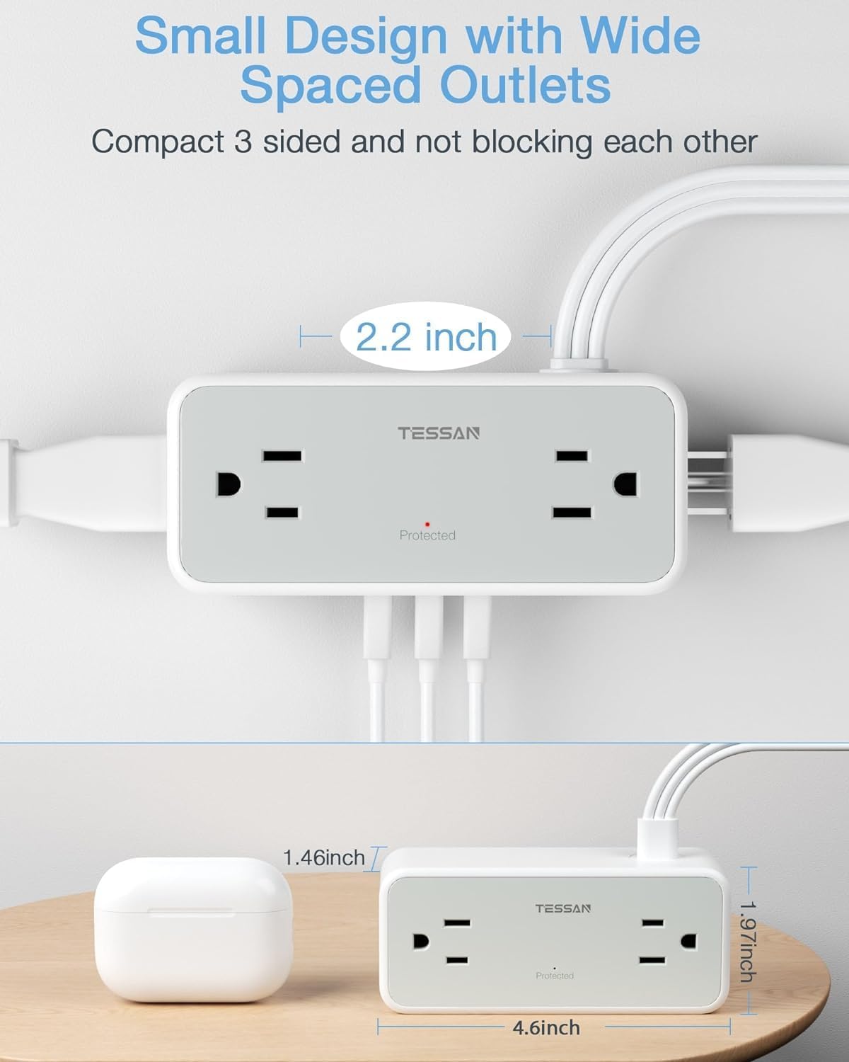 Ultra Thin 5FT Flat Extension Cord, TESSAN Surge Protector Flat Plug Power Strip, 4 Wide Spaced AC Outlets 3 USB A, 900 Joules Protection, Suitable for Home Office Dorm